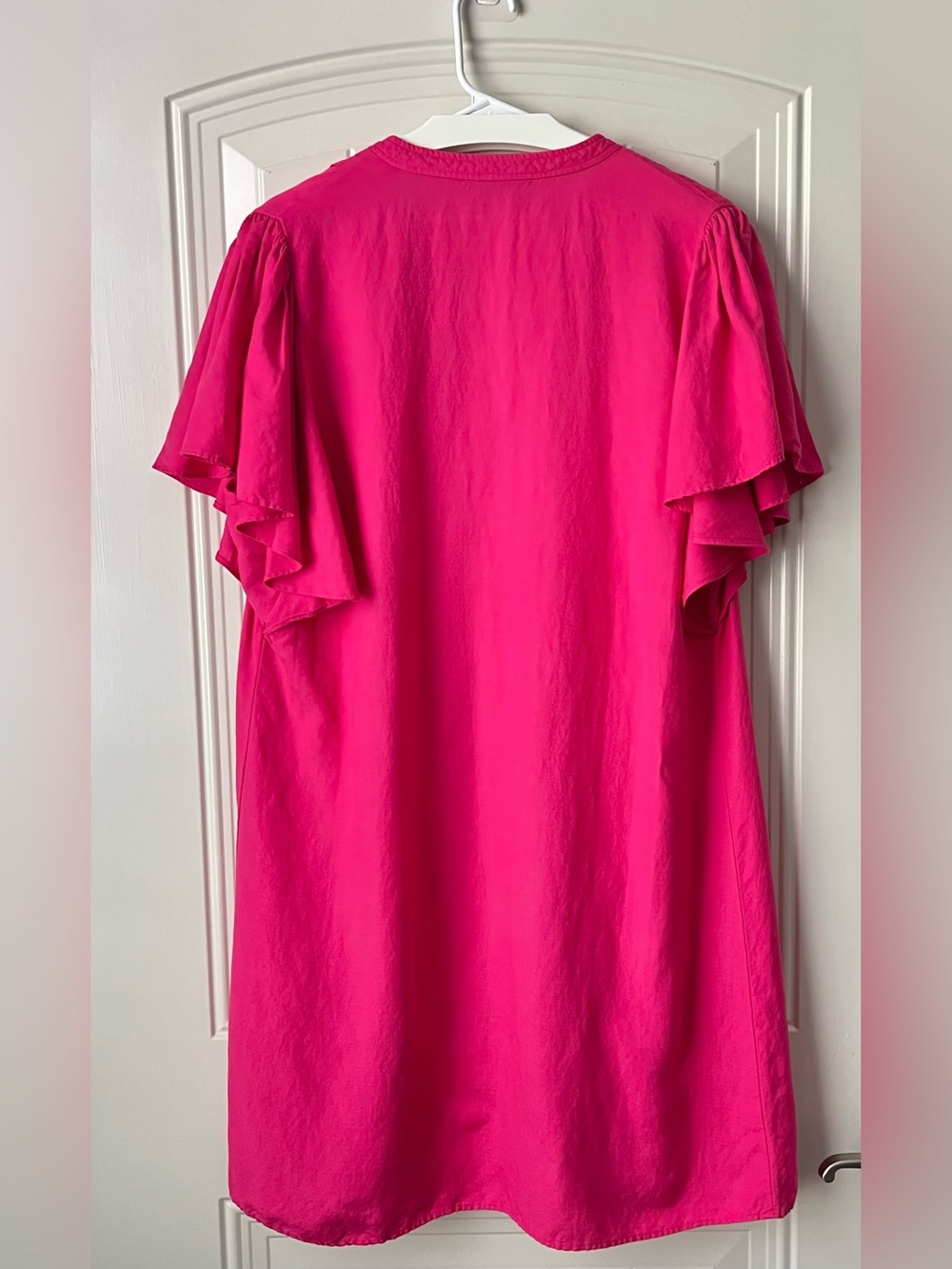 LOFT Petite Hot Pink Linen Blend Flutter Sleeve Shift Dress Pleated Front - Picture 3 of 11